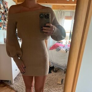 Fitted Tan, Diagonal Neck Line, Sweater Dress from Line and Dot, Size Small